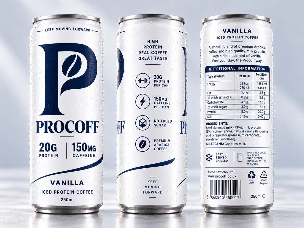 PROCOFF Vanilla can front, side and back showing ingredients and nutrition information