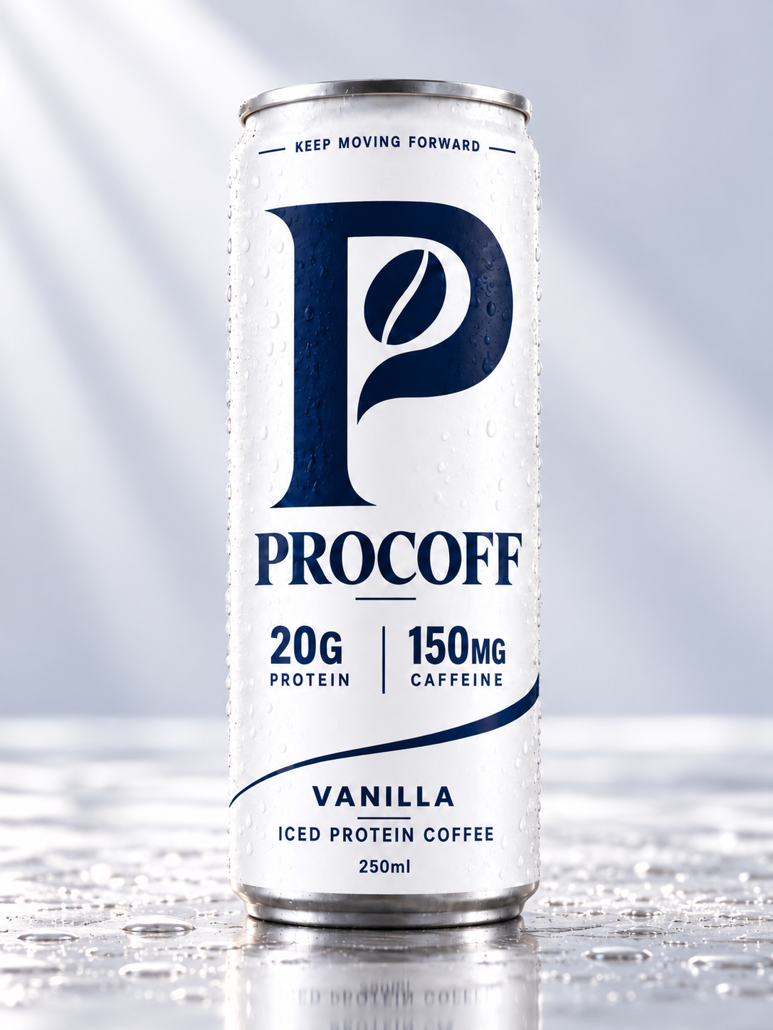 PROCOFF Vanilla Iced Protein Coffee 250ml can, white with navy P monogram, 20g protein and 150mg caffeine
