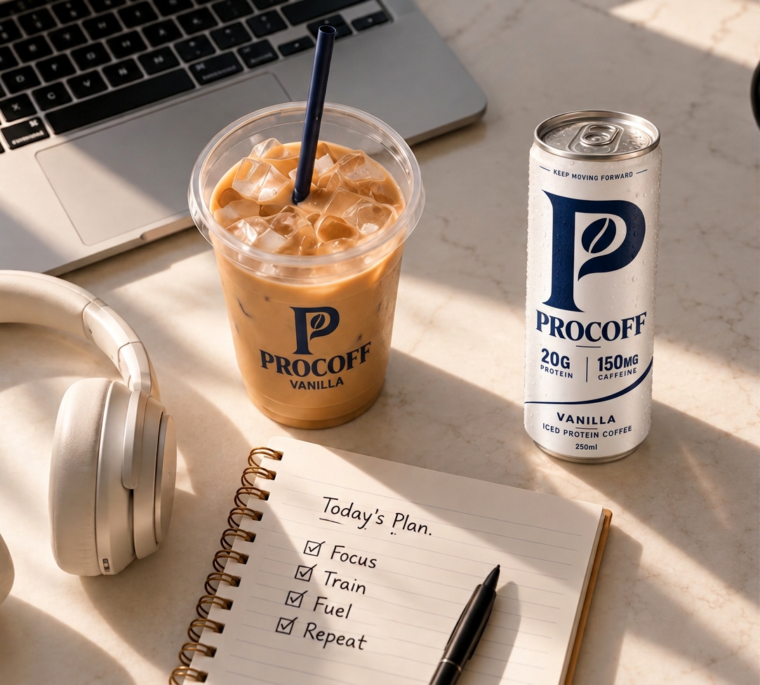 PROCOFF Vanilla can and iced coffee on a desk with a daily plan notebook