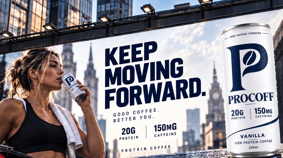 Woman drinking a PROCOFF Vanilla iced protein coffee beside a Keep Moving Forward billboard