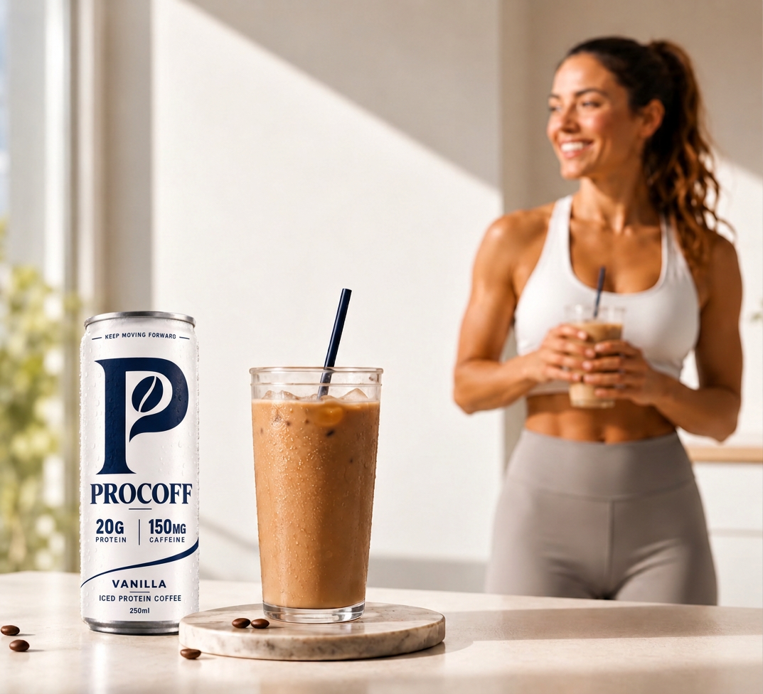PROCOFF Vanilla can beside an iced coffee, woman smiling in a bright kitchen